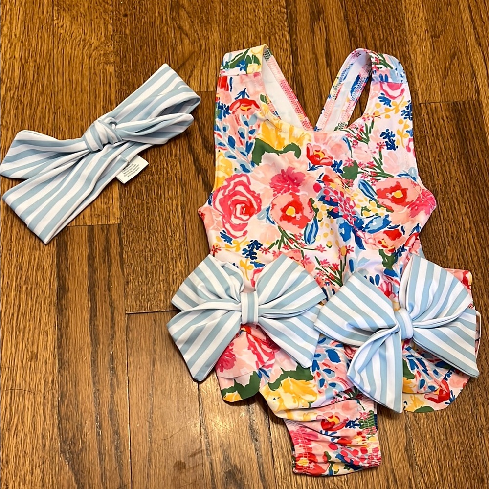 NWOT Mud Pie Floral Kids Swim One Piece with Blue Stripes Bow and Headpiece
